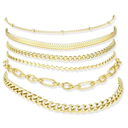Besteel Ankle Bracelets for Women Waterproof 14K Gold Plated Anklets Set | Non Tarnish Stainless Steel, Plus Size Adjustable 8-12 Inch, Hypoallergenic Layered Cuban Link Chain Summer Foot Jewelry Gift - style: 6 Pcs Gold Bead-8.5+2.5 Inch