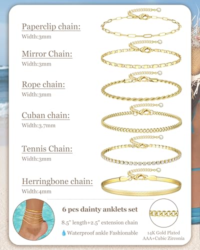Besteel Ankle Bracelets for Women Waterproof 14K Gold Plated Anklets Set | Non Tarnish Stainless Steel, Plus Size Adjustable 8-12 Inch, Hypoallergenic Layered Cuban Link Chain Summer Foot Jewelry Gift - style: 6 Pcs Gold Tennis-8.5+2.5 Inch