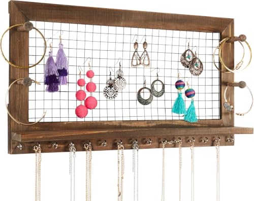Rustic Jewelry Organizer Wall Mount with Bracelet Pegs-Necklace Holder Earring Hanger-Hanging Mounted Wooden Shelf to Display Earrings Necklaces and Accessories - style: Rustic - Antique Brown