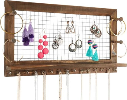 Rustic Jewelry Organizer Wall Mount with Bracelet Pegs-Necklace Holder Earring Hanger-Hanging Mounted Wooden Shelf to Display Earrings Necklaces and Accessories - style: Rustic - Antique Brown