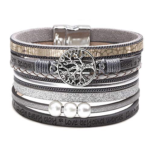 Fesciory Leather Wrap Bracelet for Women, Boho Western Layered Cuff Jewelry | Stackable Bracelets, Easy-On Clasp, Daily Wear, Pairs with Boho Western Outfits, Gift for Women - color: Grey1