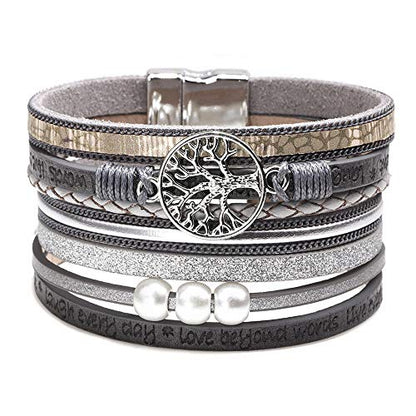 Fesciory Leather Wrap Bracelet for Women, Boho Western Layered Cuff Jewelry | Stackable Bracelets, Easy-On Clasp, Daily Wear, Pairs with Boho Western Outfits, Gift for Women - color: Grey1
