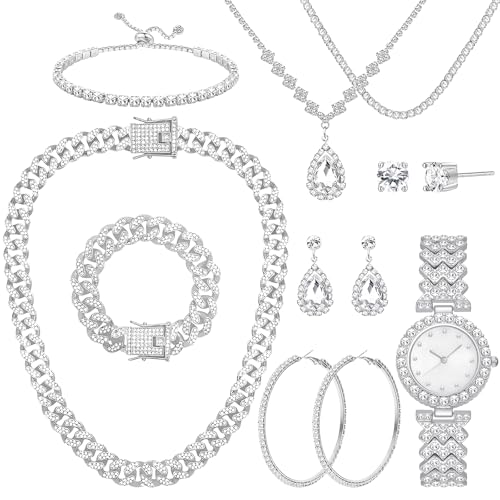 NEWITIN 13 Pieces Silver Jewelry Set for Women Stainless Steel Cuban Link Necklaces Bracelets Earrings Watch Ring Bling Cubic Zirconia Cuban Jewelry Set for Women Men - color: Silver Jewelry Set B