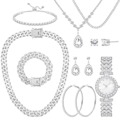 NEWITIN 13 Pieces Silver Jewelry Set for Women Stainless Steel Cuban Link Necklaces Bracelets Earrings Watch Ring Bling Cubic Zirconia Cuban Jewelry Set for Women Men - color: Silver Jewelry Set B