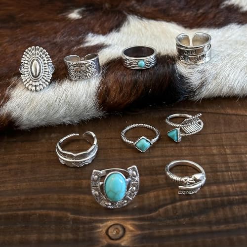 Airvess Vintage Knuckle Rings Set, Chunky Turquoise Stackable Rings, Silver Joint Finger Stacking Rings, Bohemian Western Jewelry for Women - style: 9 Pcs