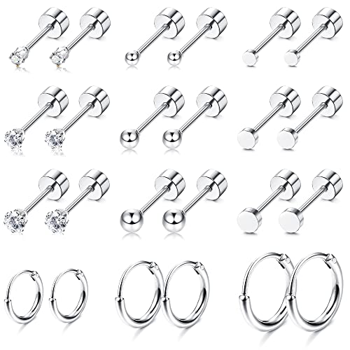 FASACCO Small Tiny Stud Flat Back Earring Hypoallergenic Gold Studs 14K Surgical Steel Earring Sets for Multiple Piercing Cartilage Hoop Earrings - color: silver tone