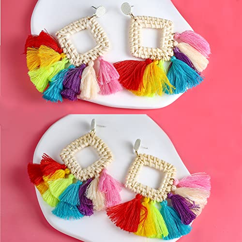 Bohemia Tassel Earrings Statement Handmade Dangle Ethnic Fringe Earrings Bamboo Weaving Geometric Square Sector Gifts for Women - color: single rainbow
