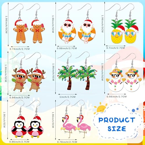 8 Pairs Summer July Christmas Acrylic Earring for Women | Pineapple Tree Santa Claus Earrings, Christmas in Summer Jewelry Gifts Party Accessories, Lightweight Acrylic, Double Side - style: july Christmas