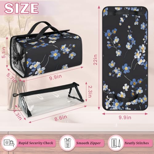 Blue Wildflowers Hanging Roll Up Cosmetic Bag with 4 Removable Storage Bags Waterproof Foldable Toiletry Kit for Women - color: Multicolor 9