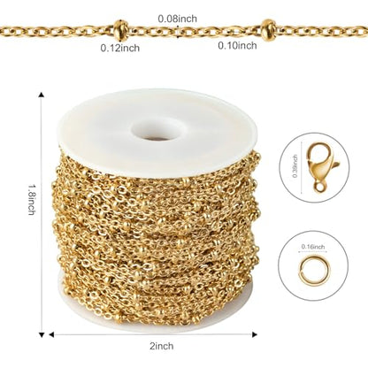 10M Beaded Cable Link Chains for Jewelry Making Stainless Jewelry Findings | PVD Gold Plated Stainless Steel Chains Bulk with Lobster Clasps for Handcrafts DIY Jewelry Making Supplies - color: Cross Bead Gold