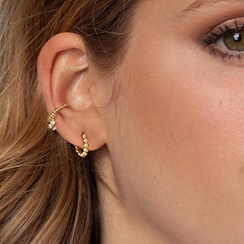 Huggie Hoop Earrings 14K Gold Plated Cubic Zirconia Dainty Simple Cute Beads Elegant CZ Circle Small Hoop Earring for Women Minimalist Handmade Hypoallergenic Jewelry - color: Beaded
