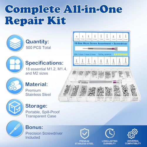 500Pcs Micro Screws Assortment Kit, 18 Sizes M1.2 M1.4 M2 Tiny Screws | for Glasses, Watches, Laptop, Electronics Repair, Stainless Steel, with Screwdriver