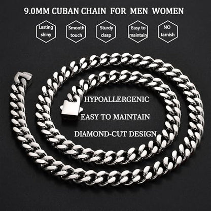 Fiusem Silver Tone/Black/14K Gold Plated Chain Necklace for Men, 5mm/6mm/7.5mm/8mm/9mm Stainless Steel Cuban Link Chain Necklace, Men's Chains 18-28 Inch Jewelry Gifts - size: 24", style: 9mm silver
