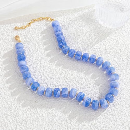 Chunky Beads Necklace for Women Trendy Gold Puffy Heart Choker Necklace Colorful Resin Beaded Heart Pendant Necklaces Statement Jewelry - color: Round-Light Blue