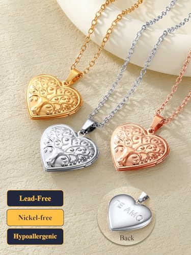 U7 Women Locket Necklace, Heart Photo Lockets Hold Picture, Gift Box Packed | Gold/Silver/Rose Locket Charm, Custom Picture and Engravement Heart Pendant, 20" Chain, Personalized Gift for Mom Wife Friend - color: 04# Stainless(Tree of Life)