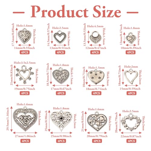 Elecrelive Crystal Heart Charms Rhinestone Heart Pendants Valentine Charms for Necklace Bracelet Earring Wedding Jewelry - color: Antique Silver, 48pcs