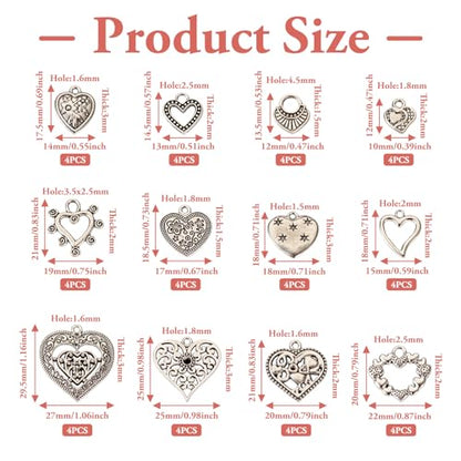 Elecrelive Crystal Heart Charms Rhinestone Heart Pendants Valentine Charms for Necklace Bracelet Earring Wedding Jewelry - color: Antique Silver, 48pcs