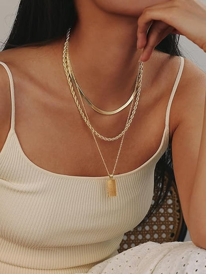 Evabelle Gold Layered Necklace for Women Trendy Jewelry 14K Real Gold Plated Chunky Chain Stackable Necklaces Dainty Choker Necklaces Rectangle Square Pendant - color: Gold Necklace 02