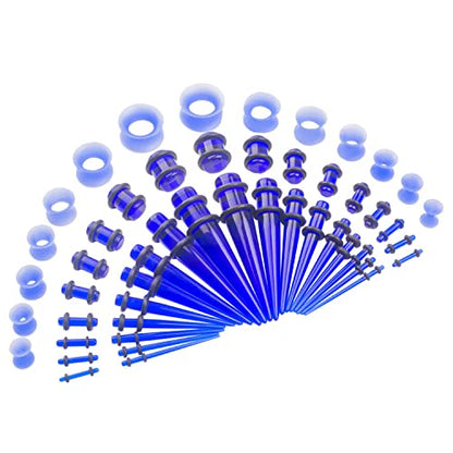 50 Pcs Ear Gauges Stretching Kit 14G-00G | Acrylic Tapers and Plugs Silicone Tunnels, Gauge Expanders Stretching Kit, Piercing Earring Jewelry for Men and Women - color: Blue