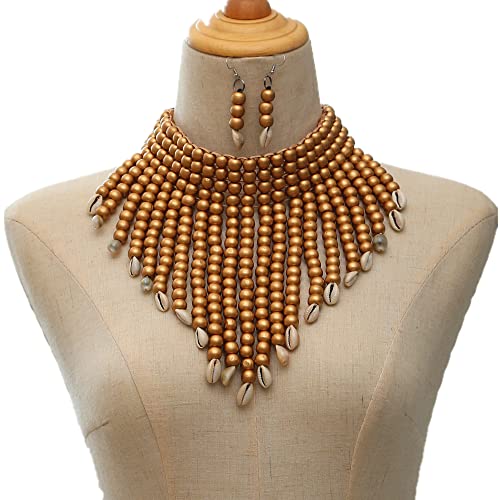 Wooden Beaded Seed Bib Necklace and Earrings Set for Women,Statement African Boho Layering Chunky Collar Choker Set - color: Gold