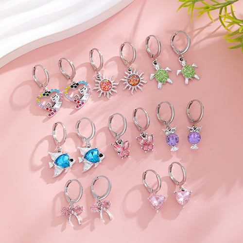 16 Pairs Hypoallergenic Silver Small Hoop Dangle Earrings Set for Girls | Cute Heart Cat Butterfly Pearl Bow Huggie Hoop Dangle Earrings for Women Little Girls Kids Jewelry Gift