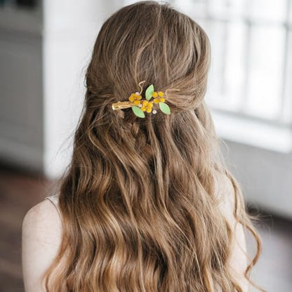 Bridal Flower Hair Clips, Crystal Hair Pins Pearl Rhinestone Hair Barrettes, Wedding Hair Pieces Pearl Headpieces Hair Accessories for Women Girls - color: Green&Yellow