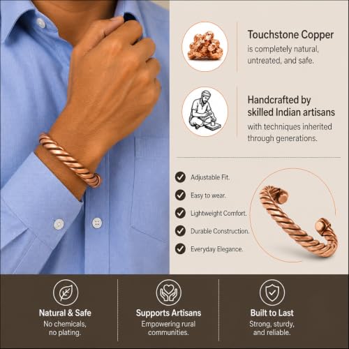 Touchstone Copper magnetic bracelet Tibetan style. Hand forged with solid and high gauge pure copper. Twisted rope look. - style: Braided 4