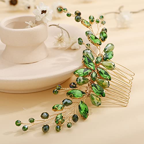 Teyglen Bridal Crystal Hair Comb Green Rhinestone Wedding Hair Side Comb Handmade Hair Accessories for Bride Red Black Blue Hair Pieces Dainty Headpieces for Women Girls (Green) - color: Green