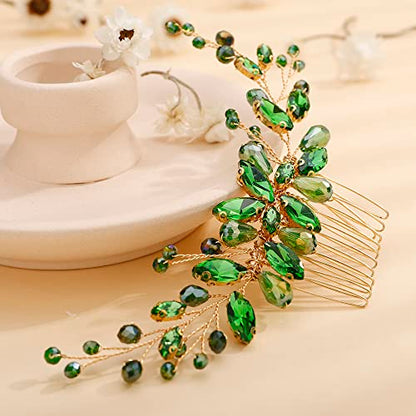 Teyglen Bridal Crystal Hair Comb Green Rhinestone Wedding Hair Side Comb Handmade Hair Accessories for Bride Red Black Blue Hair Pieces Dainty Headpieces for Women Girls (Green) - color: Green