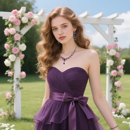 EVER FAITH Marquise Crystal Leaf Bridal Prom Jewelry Set for Women Bride | Rhinestone Wedding Party Necklace Dangle Earrings Tennis Bracelet, for Bridesmaid - color: Purple Silver-Plated-Base