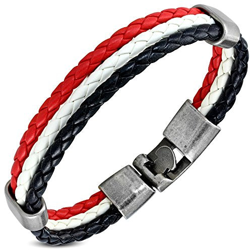 My Daily Styles Stainless Steel Multi-Color Braided Faux Leather Layer Cuff Bracelet, 7.75" - color: Red White and Black