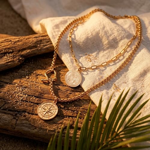 QCWN Gold Layered stacked Necklaces for women 3PS Chunky Statement Necklaces Stack Mixed Metal Charm Necklace for Women Trendy Coin Jewelry Gift for Her Gifts - style: Layered stack 7