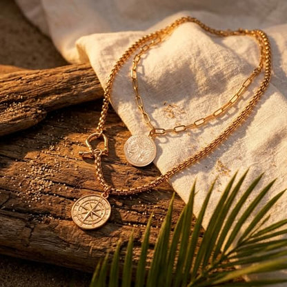 QCWN Gold Layered stacked Necklaces for women 3PS Chunky Statement Necklaces Stack Mixed Metal Charm Necklace for Women Trendy Coin Jewelry Gift for Her Gifts - style: Layered stack 7
