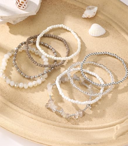 Noessla Boho Beaded Bracelets for Women Stackable Irregular Natural Stone Bead Stretch Bracelet Set 8PCS Costume Jewelry Gifts for Her - color: Beige