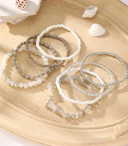 Noessla Boho Beaded Bracelets for Women Stackable Irregular Natural Stone Bead Stretch Bracelet Set 8PCS Costume Jewelry Gifts for Her - color: Beige