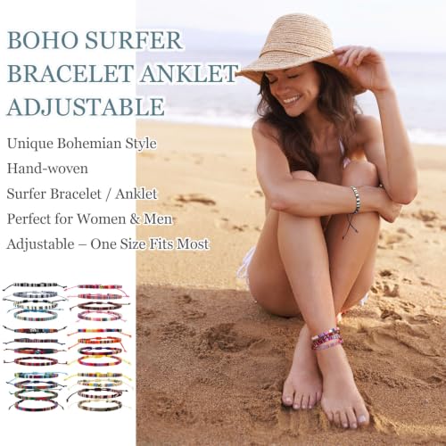 24 Pcs Boho Surfer Ankle Bracelets Adjustable Handmade Braided String Rope Friendship Bracelet Colorful Anklet Summer Rope Anklet Bracelets Waterproof Surfer Beach Bracelet Boho Jewelry for Women Men