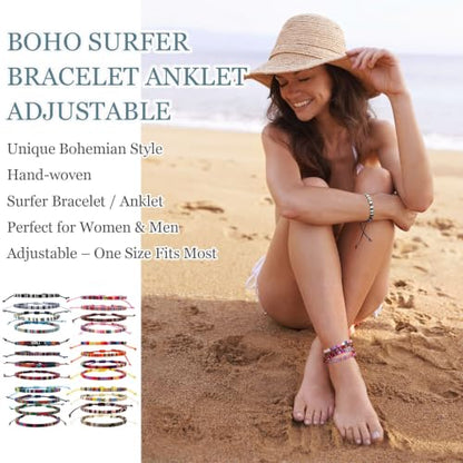24 Pcs Boho Surfer Ankle Bracelets Adjustable Handmade Braided String Rope Friendship Bracelet Colorful Anklet Summer Rope Anklet Bracelets Waterproof Surfer Beach Bracelet Boho Jewelry for Women Men