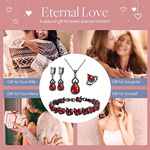 LMXXVJ Women Jewelry Set Platinum Plated Necklace Open Ring Earrings Bracelet Set,Birthday/Anniversary Mother’s Day Jewelry Gifts for Mom/Wife/Sister/Best Friend - color: Black Gun-Ruby Red