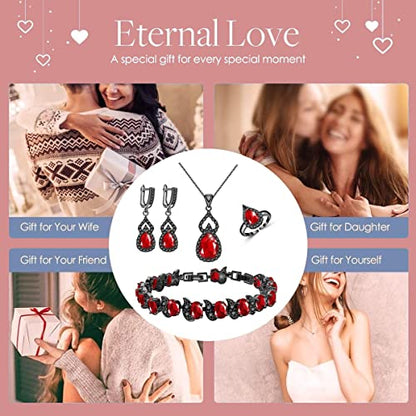 LMXXVJ Women Jewelry Set Platinum Plated Necklace Open Ring Earrings Bracelet Set,Birthday/Anniversary Mother’s Day Jewelry Gifts for Mom/Wife/Sister/Best Friend - color: Black Gun-Ruby Red