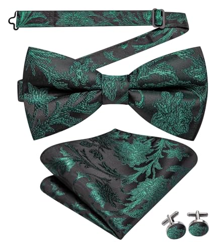 Hi-Tie Silk Mens Suit Vest Tie and Bowtie Lapel Pin Gold Tie Clip Paisley Floral Waistcoat 8PCS Set Tuxedo Wedding Party - color: Black and Green, size: Medium