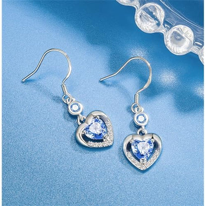 925 Sterling Silver Dangle Earrings with Charms Heart, Water drop, Moon, Star Long Drop Earring for Women Jewelry Gifts Hypoallergenic - color: heart zircon-blue
