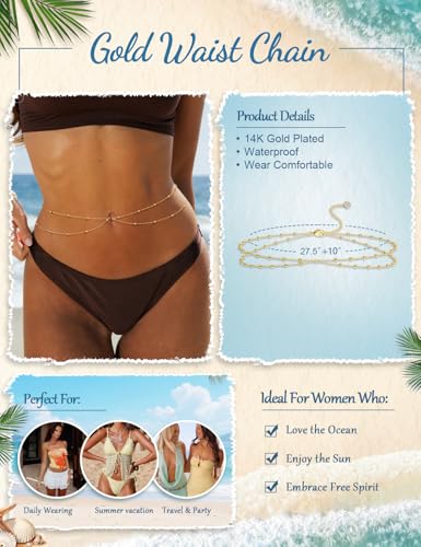 Gold Layered Waist Chain for Women, Adjustable Belly Chain | Adjustable layered waist chain for beach days, summer outfits, festivals, vacations, parties, and daily styling - style: Gold Style 1