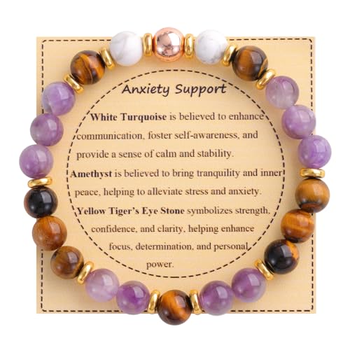 KSQS Healing Stone Bead Bracelet for Women, Natural Gemstones Balance Protection Bracelet, Spiritual Crystal Beads Bracelet Anxiety Relief with Meaning Card - color: Anxiety Support