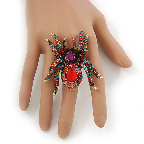 Avalaya Oversized Multicoloured Diamante Spider Stretch Cocktail Ring In Antique Gold Plating
