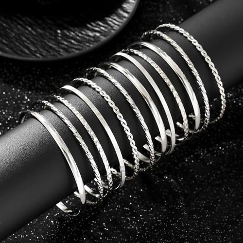 Gold Bangles for Women, 12 Pcs Boho Stackable Bracelets Multi Layer Textured Chunky Bracelets Jewelry Set for Women - color: Style A- 12 pcs silver