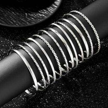 Gold Bangles for Women, 12 Pcs Boho Stackable Bracelets Multi Layer Textured Chunky Bracelets Jewelry Set for Women - color: Style A- 12 pcs silver