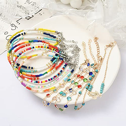 XIJIN 8Pcs Handmade Beaded Anklets for Women Boho Colorful Beads Ankle Bracelets Adjustable Foot Anklet Set - color: J