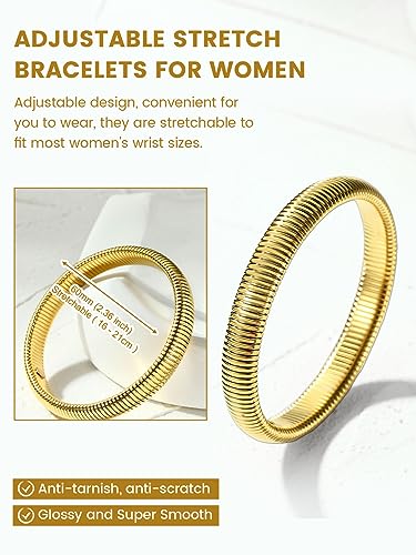KeyStyle Bangle Bracelets For Women, Stainless Steel Stretch Bracelet Wide | 14K Gold/Rose Gold/Black/Silver Plated Flexible Wide Twisted Link Chain Wristband Jewelry, 10Mm, 16Mm, 20Mm - color: 10mm - Gold