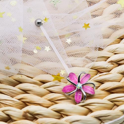 VERAMI 14G 38mm Pregnancy Belly Button Rings Flexible Bioplast Long Bar Flower Belly Rings for Maternity Clear Navel Piercing Retainer - color: Silver-pink flower