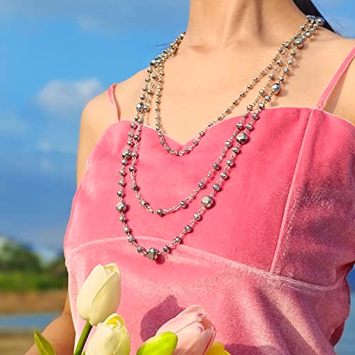Firstmeet Long Chain Multi Layer Fashion Glass Beads Handmade Necklace for Women - color: Silver Grey-bk